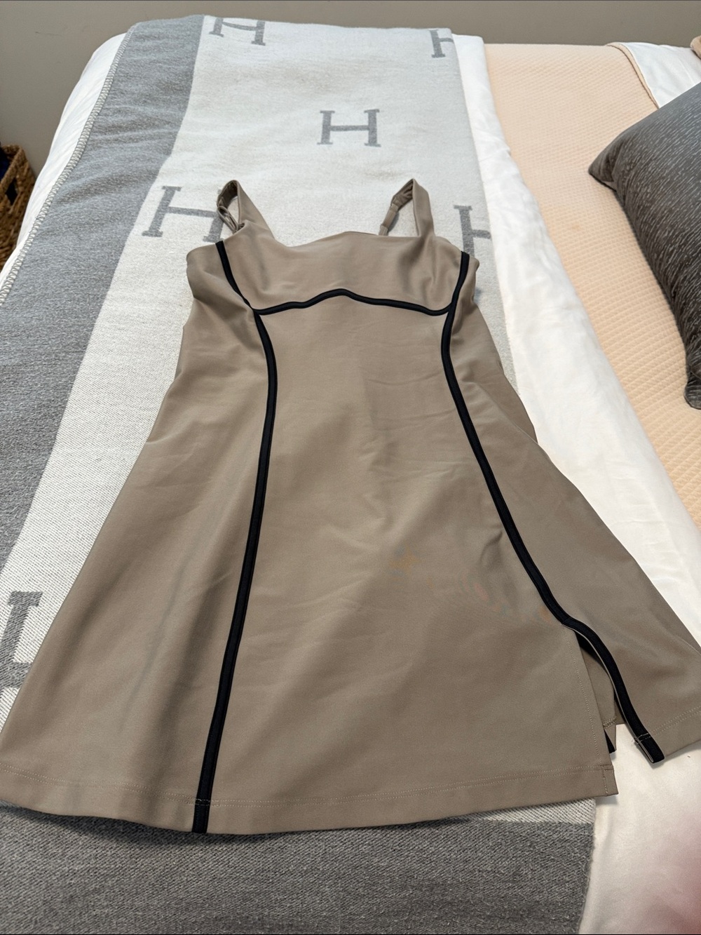 Taupe Mini Dress with Black Piping - Women's Stylish A-Line